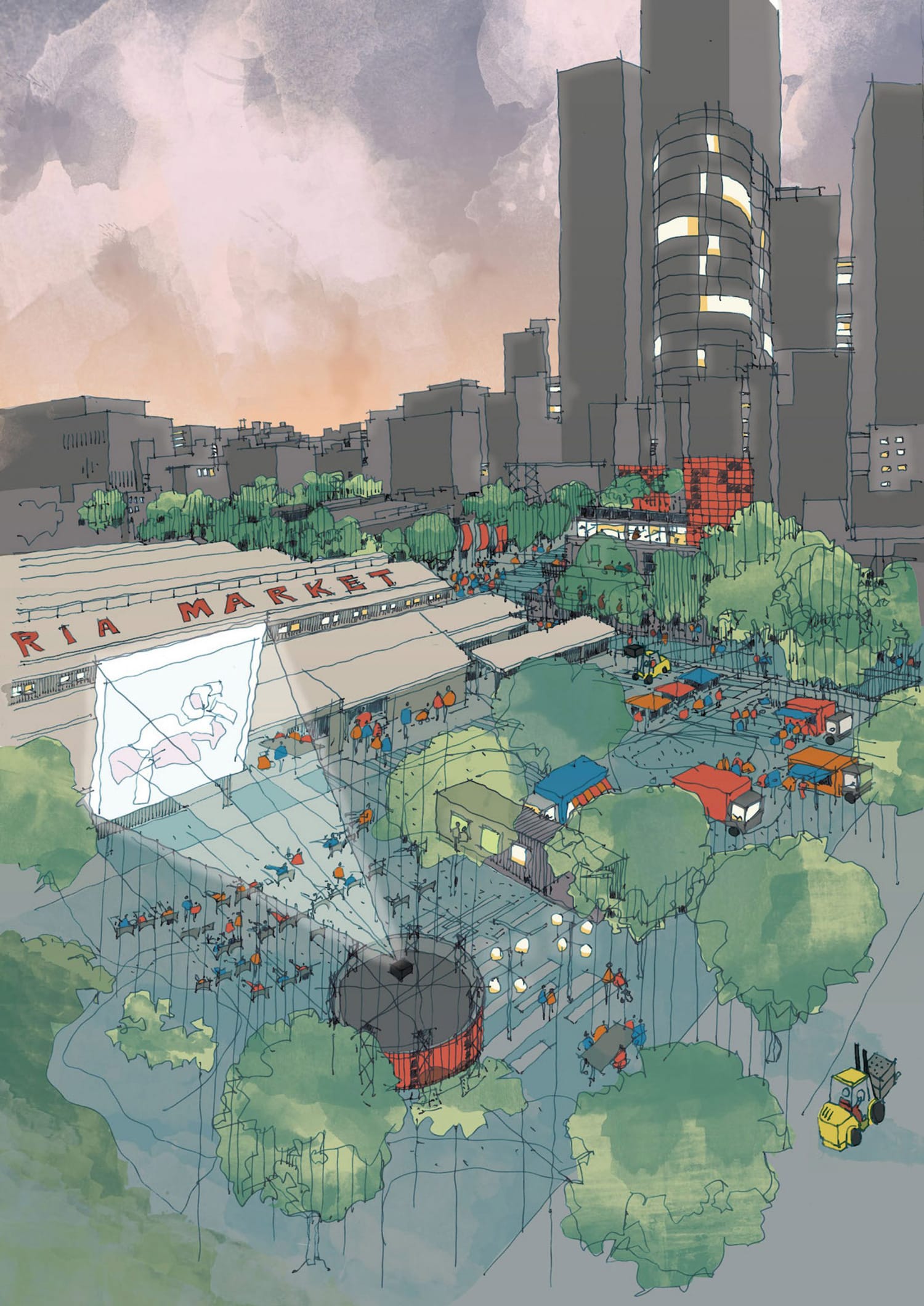 An artist's impression of what an organic waste-powered outdoor cinema in Melbourne could look like.