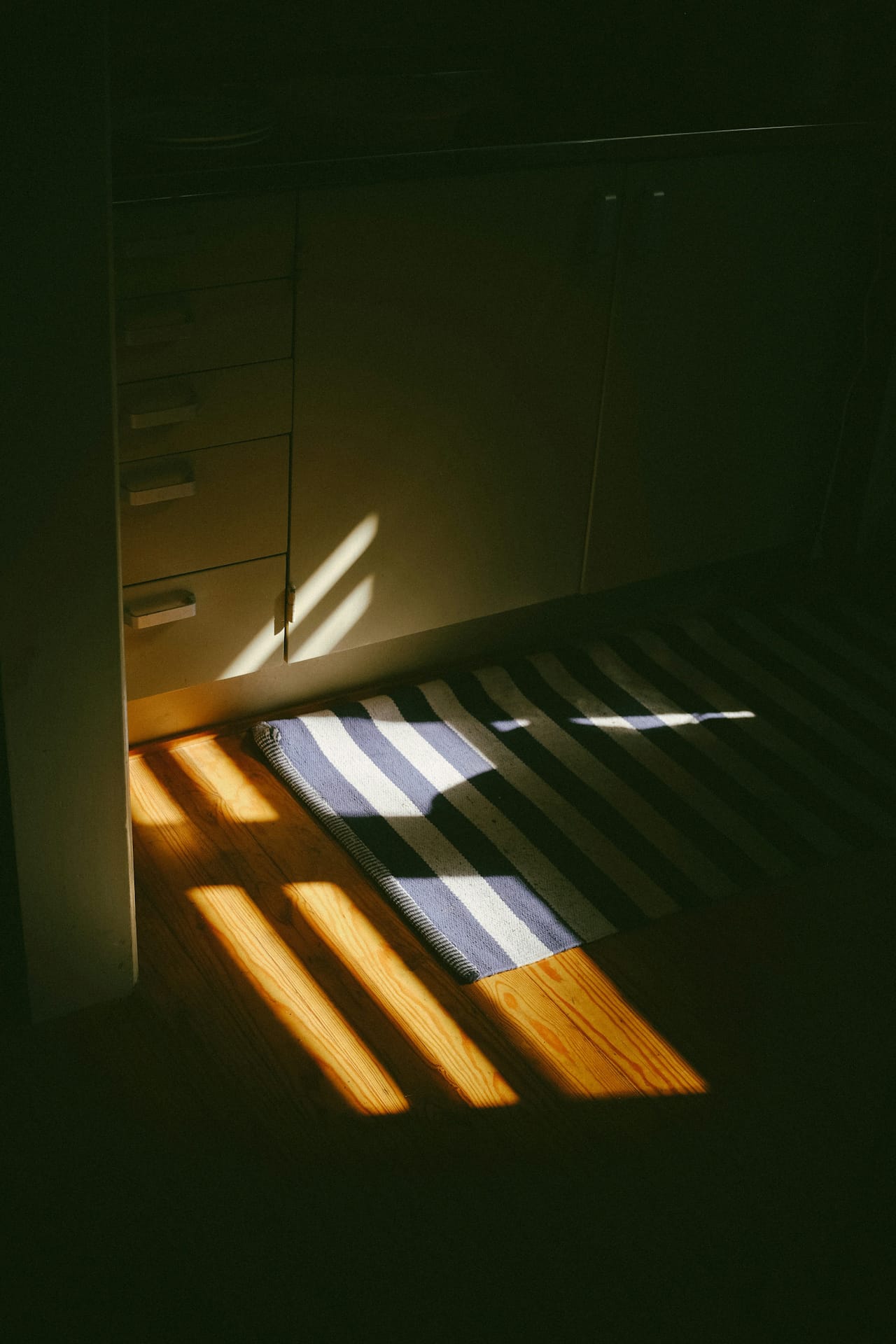 Photo of an empty room with a simple rug on the floor. The room is mostly in darkness. A patch of light comes through a window and falls on the rug. Illustrating an interview with Sarah Wilson about her book, This One Wild and Precious Life.