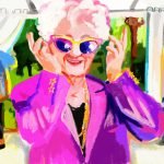 Illustration of an elderly woman wearing sunglasses. dementia comedy